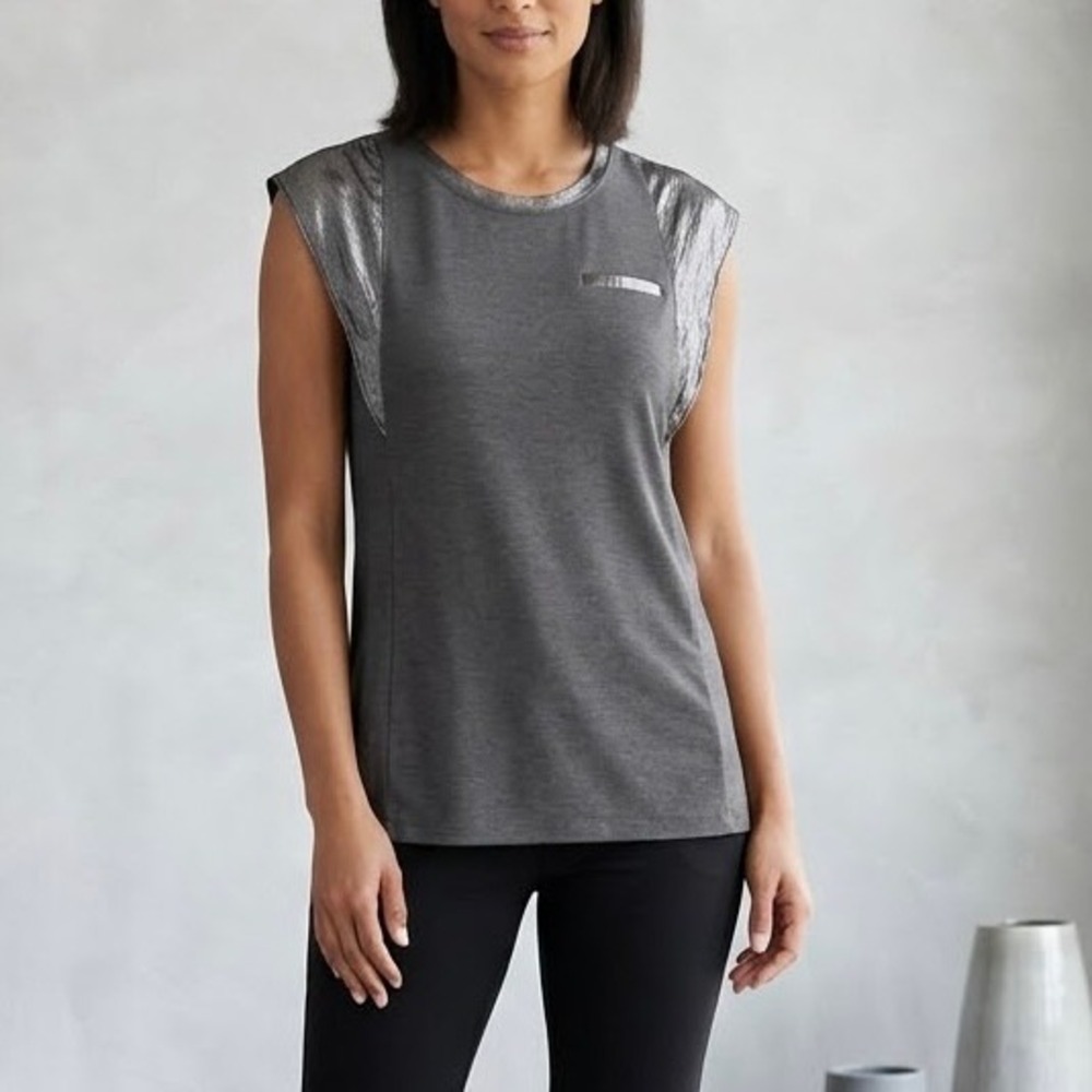 Simply Vera Vera Wang Y2K Metallic Sheer Cap Sleeve Top in Grey Size S